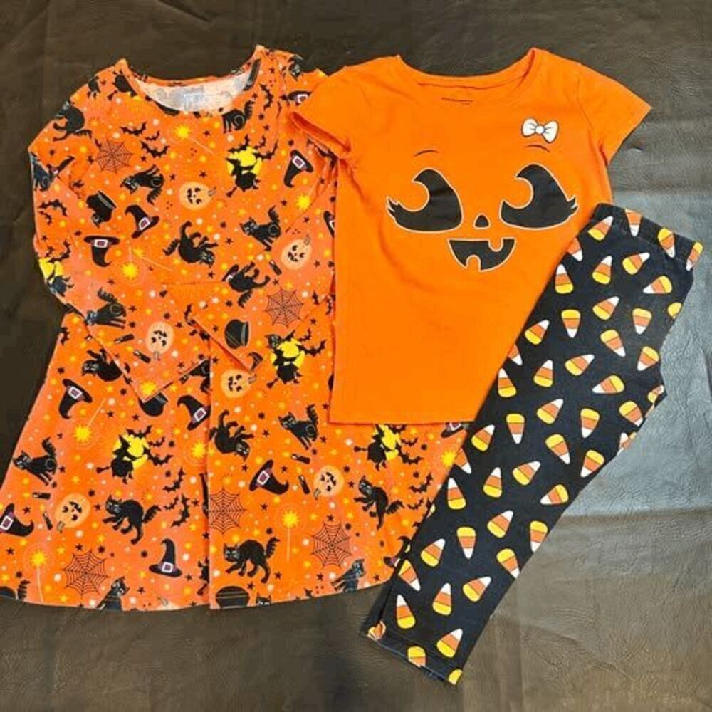 Halloween Dress NWOT & Glow Pumpkin Top, Candy Corn Pants SZ 4 Children’s Place
